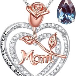 Gifts for Mom 925 Sterling Silver Rose Flower Pendant Heart June Birthstone