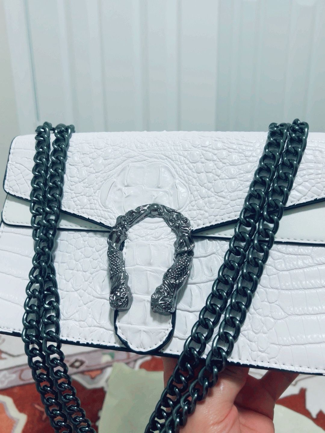 White Croc-Embossed Chain Bag