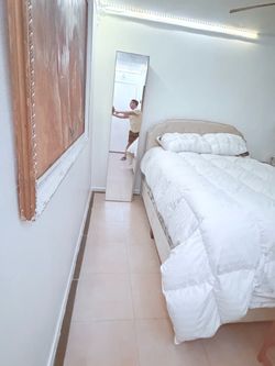 Beige Upholstered Bed Frame with Headboard