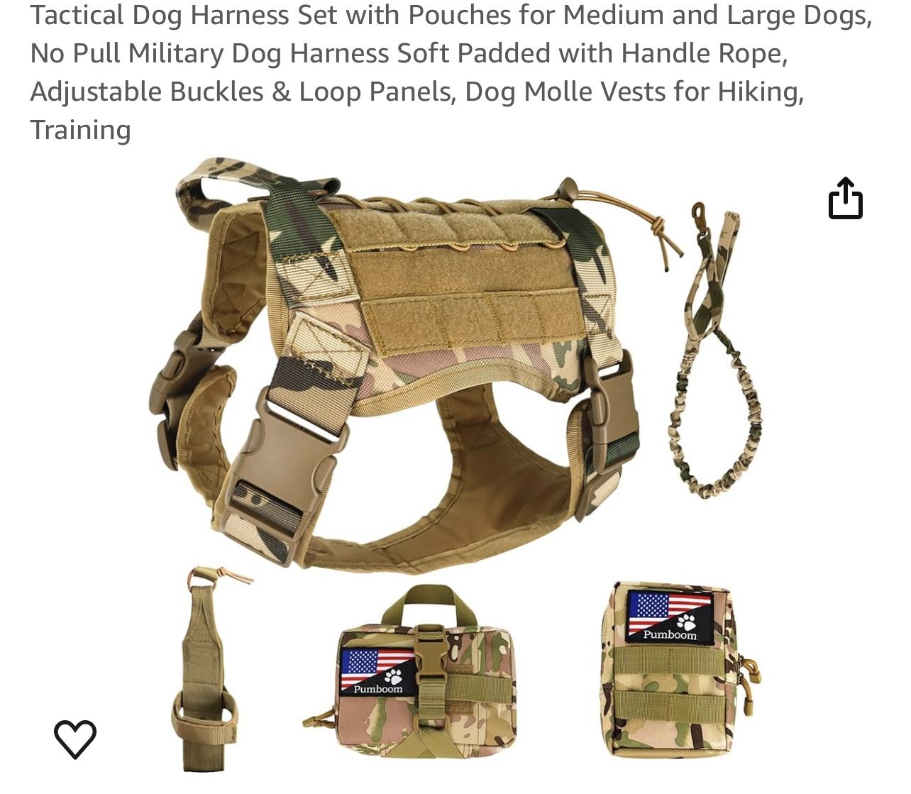 Tactical Dog Harness Set with Pouches for Medium and Large Dogs, No Pull Military Dog Harness Soft Padded with Handle Rope, Adjustable Buckles & Loop 