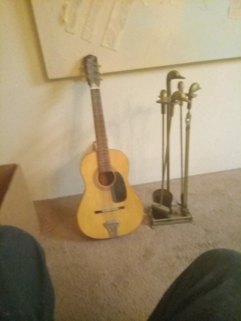 Guitar And Brass Fire Place Poker Set