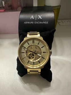Armani Exchange A|X Gold-Tone Automatic Skeleton Watch - Open Heart Dial, Fluted Bezel, Stainless Steel Bracelet w/ Box