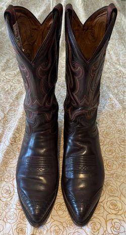 Tony Lama Cowboy Boots Men’s 10 D Burgundy Leather Black Lizard Toe Western