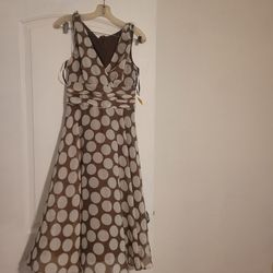 New Brown/white Pockodot Chiffon Dress