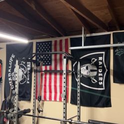 Squat Rack With Weights, Curl Bar, And Hex Bar