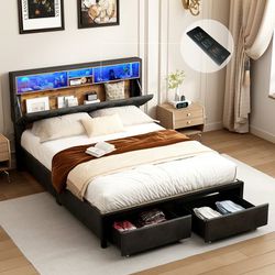 Queen Size Bed Frame with LED Light & Charging Station & Sliding Drawers, Upholstered Platform Bed with Storage Headboard & Sliding Drawers, Linen Sto