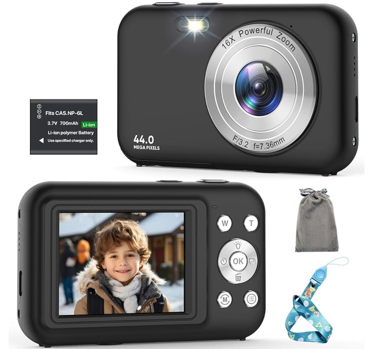 Kids Camera FHD 1080P 44MP Vlogging Camera, 16X Zoom Point and Shoot Digital Camera Compact Portable Rechargeable Cameras for Teens Boys Girls Senior