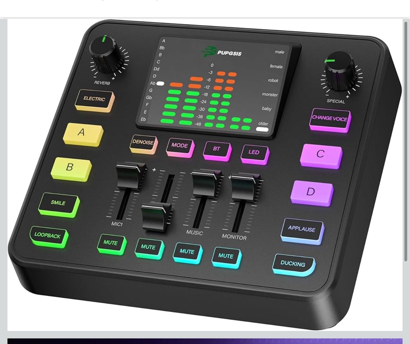 Pupgsis Gaming Audio Mixer, Usb Audio Interface for pc,1/4 xlr interface，Sound Board With voice changer, Pro-Preamp, Noise Cancellation, RGB, Bluetoot