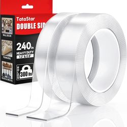 2 Rolls Double Sided Tape Heavy Duty - 240" x 1.2" & 0.8" - Removable Nano Tape for Poster Carpet Picture Hanging Strip Rug Wall Outdoor - Clear & Str