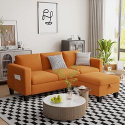  Convertible Sectional Sofa Couch,Classic 3 Seat L-Shaped Sofa Set with Movable Ottoman, Modern Orange Velvet Upholstered Small Sectional Sofa Couch f