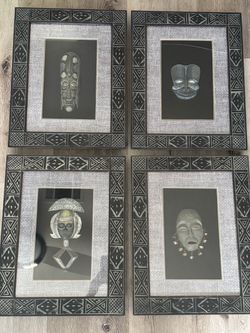 Set Of 4 Masks African Art 3D Wall Shadow Box Carved Wood Frames 17.75”x13.75”