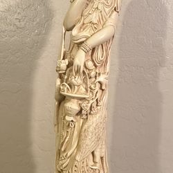 Large Vintage Asian Woman Statuette with Peacock Decor - Intricate Sculpture
