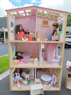 3-Story Our Generation Pink Wooden Dollhouse with Dolls and Furniture