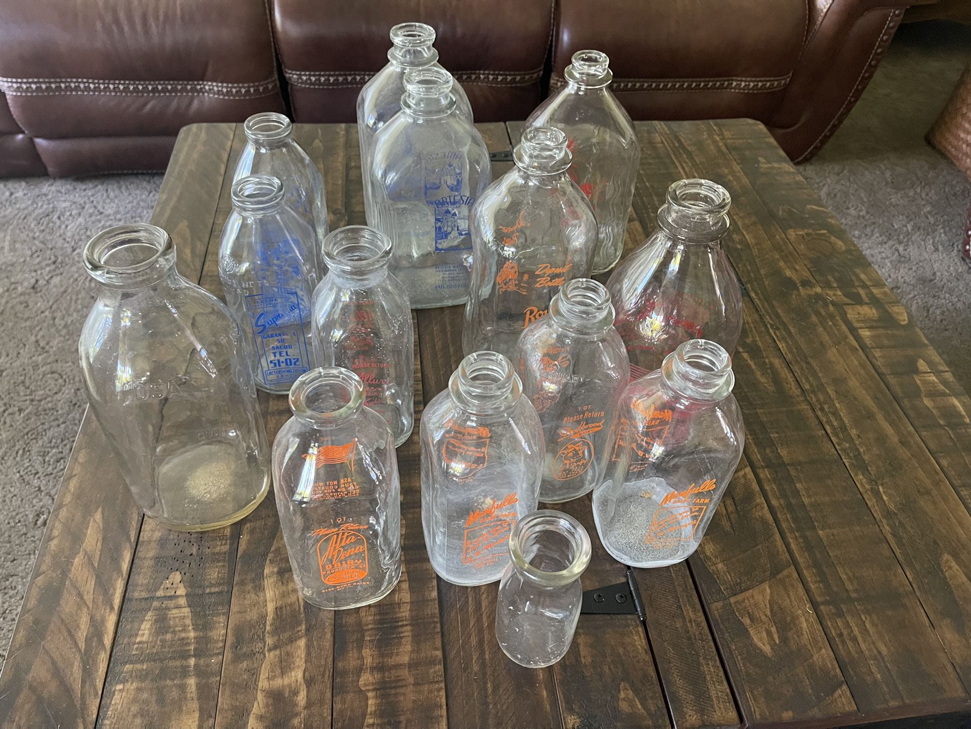 Vintage Farmhouse Milk Bottles And Few Water  Glass