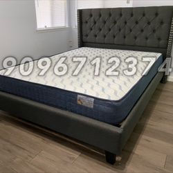 Queen Gray Wingback Button Tufted Bed w. orthopedic Mattress included