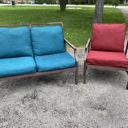 Hampton Bay aluminum outdoor loveseat and chair with cushions  Some minor cosmetic wear on frames
