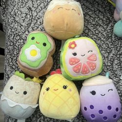 6 Mini Squishmallows Boba, Pineapple, burrito, Watermelon, Avocado, Cinnamon Roll