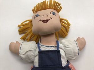 Vintage Handcrafted Cloth Rag Doll 16" Blonde Hair Blue Eye Apron Checked Skirt 