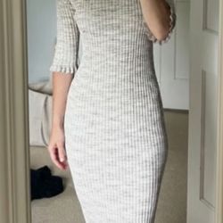 Veronica Beard Women's XL Richie Knit Sweater Dress Beige Midi Stretch Ribbed
