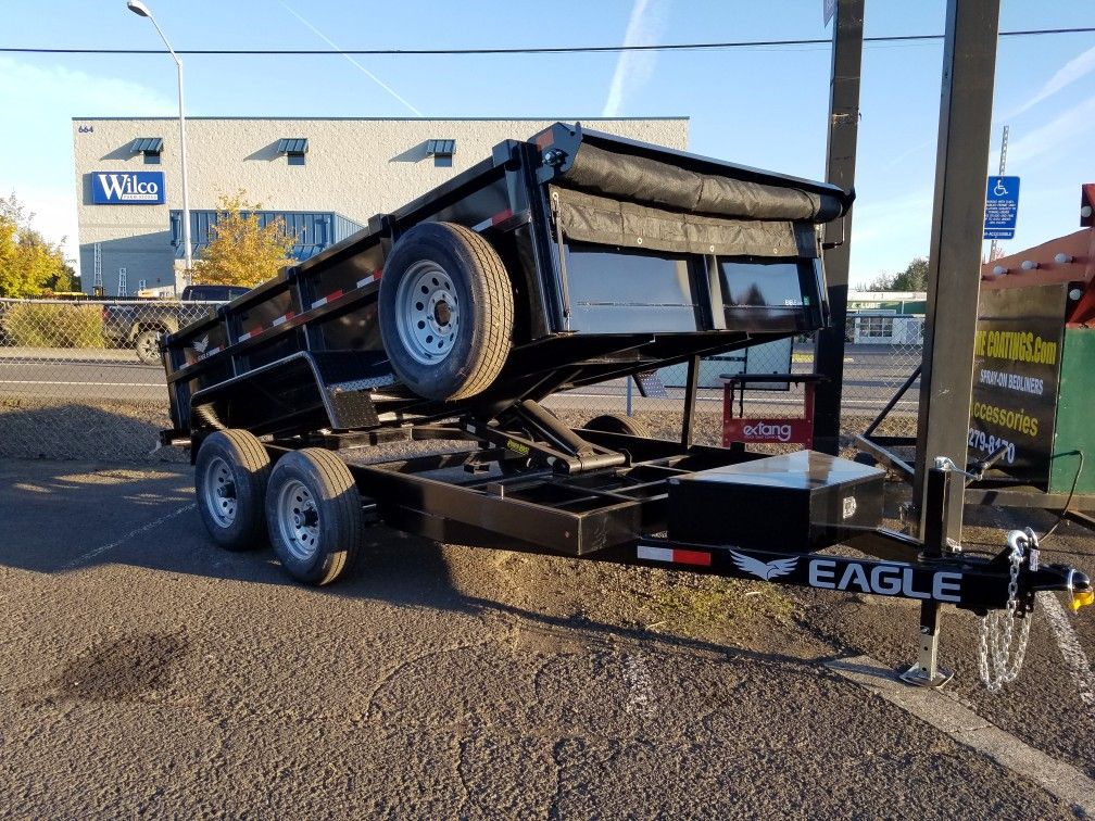 7X12 TANDEM AXLE EAGLE DUMP 10K, SCISSOR LIFT, Ramps and D-rings, roll mesh tarp