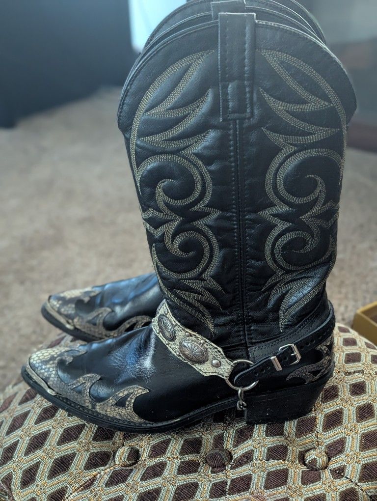 Men's Black Western Boots with Silver Harness