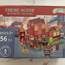 Magnetic Tiles for Kid, 56PCS Construction Magnet Tiles with Fire Truck & Station, Building, Road, Crane, and Car Truck