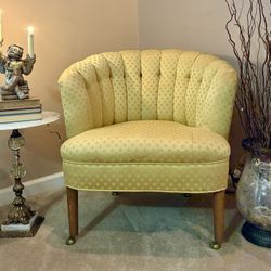 Mid Century Gold Channel Back, Barrel Chair on Casters