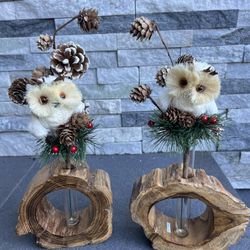Two Wood Vases w/ Xmas Decor Of Owl With Pinecones  