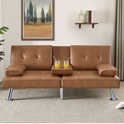 Convertible Sofa Bed Adjustable Couch Sleeper Modern Faux Leather Home Recliner Reversible Loveseat Folding Daybed Guest Bed, Removable Armrests, Cup 