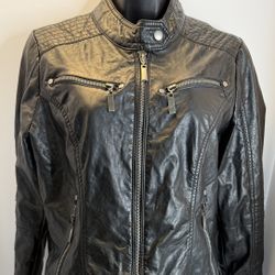 Women’s Black Faux Leather Moto Jacket Zip Pockets Size XL Biker Style 