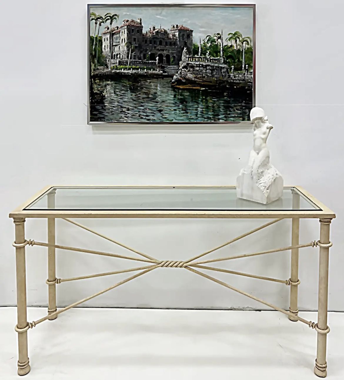 Late 20th Century Brutalist Wrought-Iron Console Table With Beveled Glass