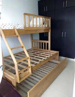 Solid Wood Triple Bunk Bed with Trundle