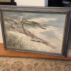 Framed Beach oil painting signed