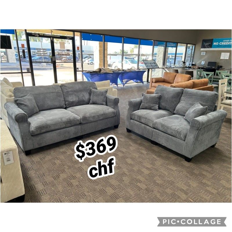 Dark Gray Corduroy 2 Piece Sofa And Loveseat Set  
