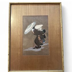 Vtg Japanese Framed Fujimaro Kitagawa (1(contact info removed)) Snowscape with a Woman & Child