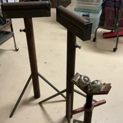 Two Heavy Duty Adjustable Steel Roller  Stands And One Ball-barren Adjustable Stand  