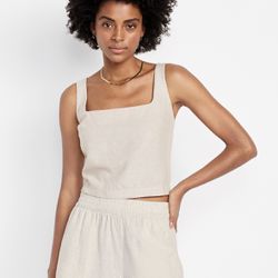  Linen-Blend Crop Top and Shorts Set