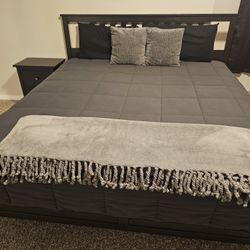 Ikea Hemnes king bed frame, mattress, and nightstand