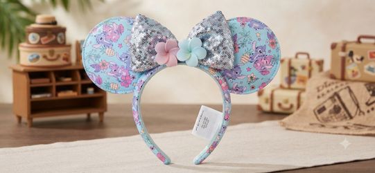 Disney Parks Lilo & Stitch & Angel Ear Headband – Tropical Sequin Bow & Hibiscus Flowers