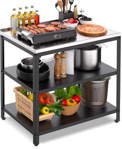 🔥new inbox🔥3-Tier Heavy Duty Outdoor Grill & BBQ Prep Station, Rust-Resistant Utility Table for Patio, Pizza Oven, Garage & Food Prep (No Sink)