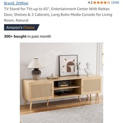 Brand: ZttRiee 4.2 TV Stand for TVs up to 65", ', Entertainment Center With Rattan Door, Shelves & 2 Cabinets, Long Boho Media Console for Living Room