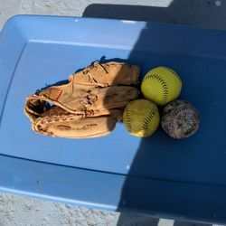 Baseball Glove And 3 Softballs