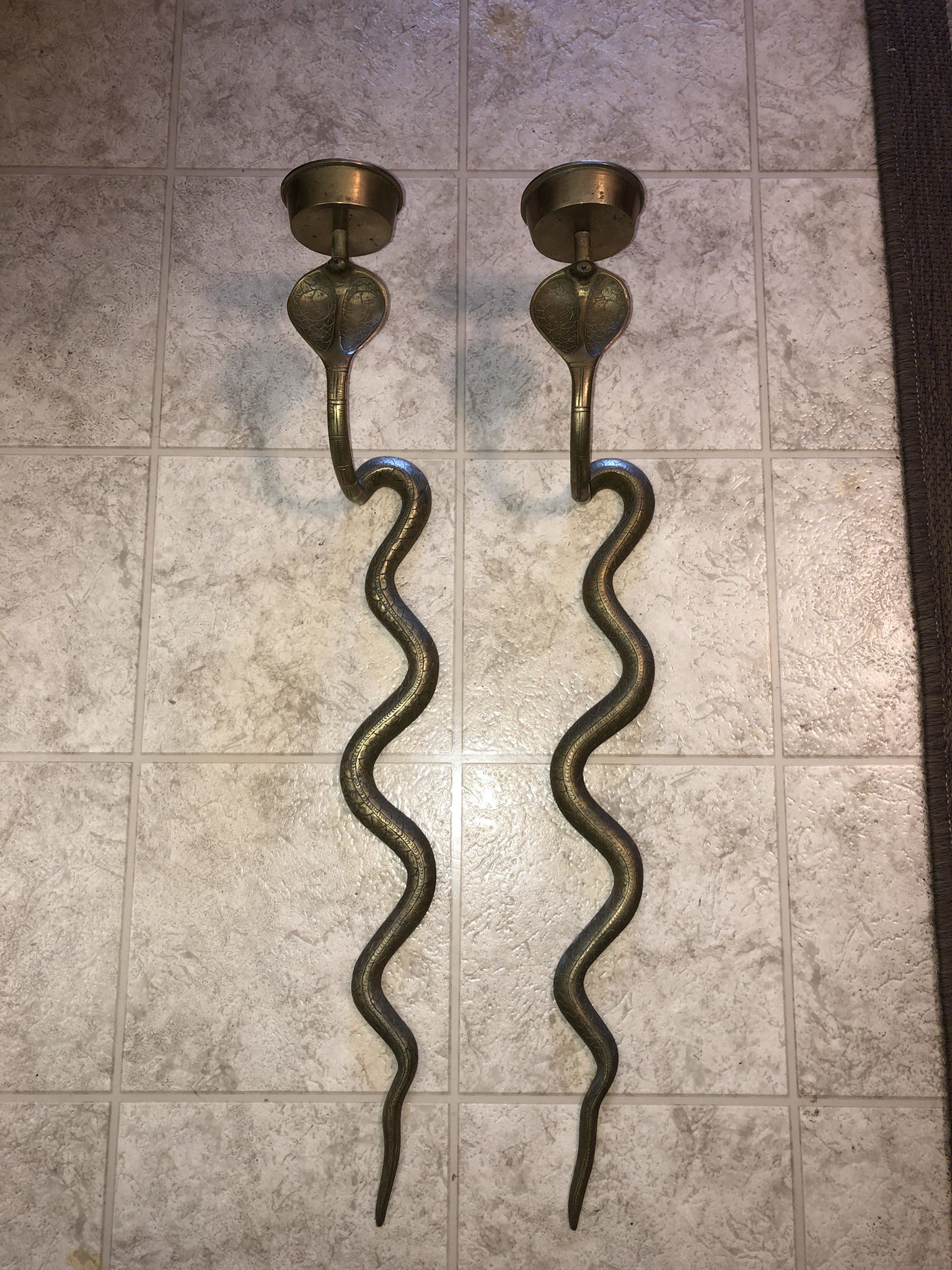 Rare Pair Of Antique Brass Cobra Snake Wall Sconces