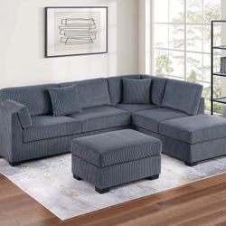 Brand New Grey Corduroy Sectional Sofa w Ottoman 