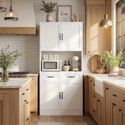 71" Tall Kitchen Pantry Storage Cabinet, Wood Kitchen Hutch, White Modern Pantry Cabinet with Microwave Stand, Hutch Cabinet with Countertop & Drawers