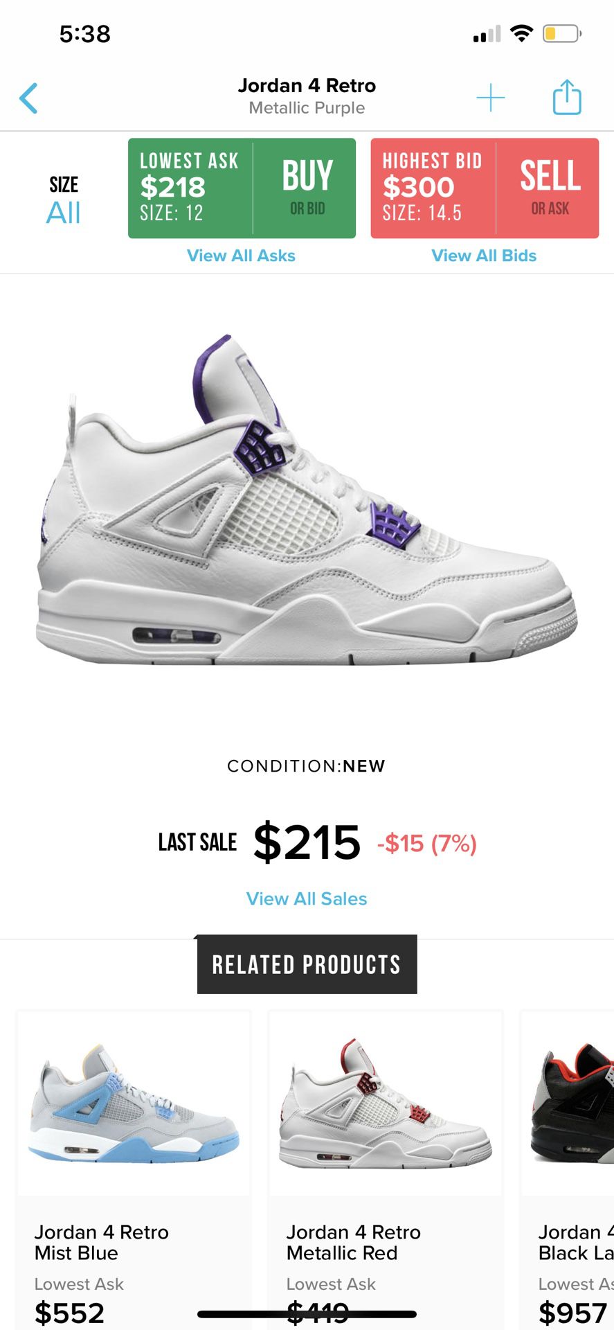 Air Jordan’s Metallic purple 4’s size 9.5 men’s
