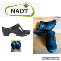 NAOT nubuck And Genuine Leather Black Slide 3 Inch Heel Mule Clog Cork And Memory Foam Orthotic