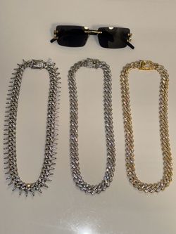Iced Out Jewelry  & Sunglasses Bundle – 3 Cuban Chains + Buff Shades