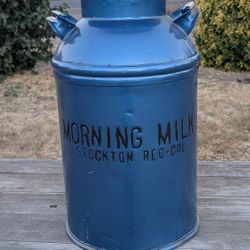 Vintage 24.5" Morning Milk Can – Stockton, CA – Blue Painted Steel Farm Decor

