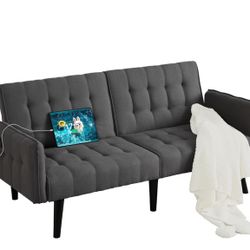 1396i 65“ Convertible Futon Sofa Bed w/ 2 USB, Upholstered Tufted Small Adjustable Folding Couch Loveseat, Modern Mid Century Sleeper Sofa for Living 